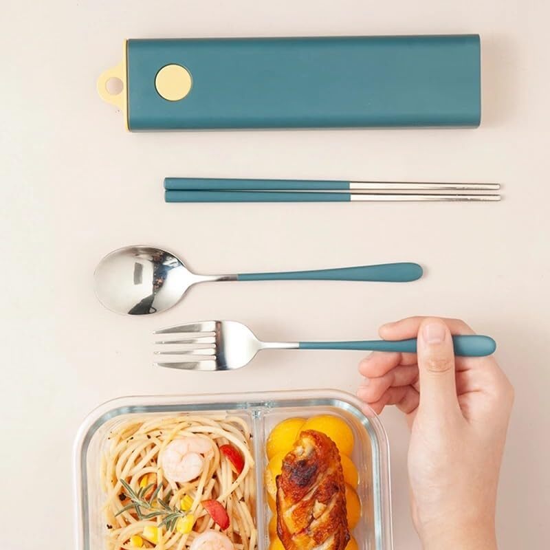 CherryBox Cutlery Set Spoon Fork & Chopstick Set with Box - Flatware Dinnerware Cutlery Tableware Set Portable Travel Kit - Coloured Silverware Stainless Steel