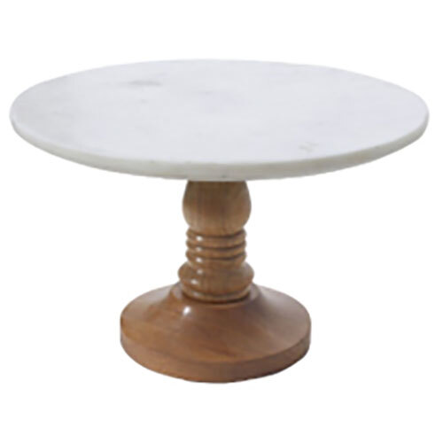 Marble Cake Stand With Wooden Base - Color: Brown And White