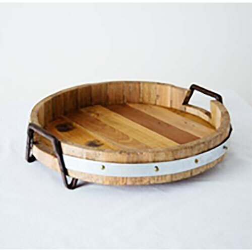 Round Wooden Tray with Metal Handles