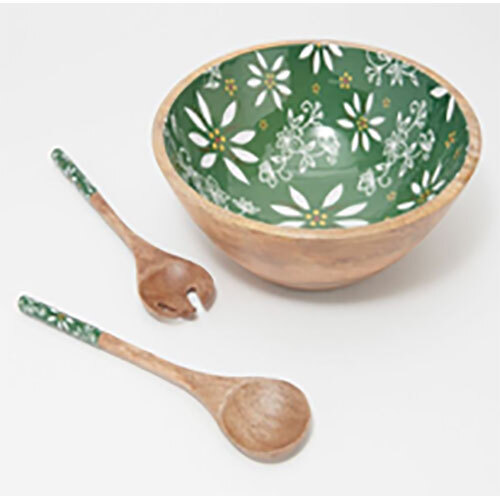 Enameled Wooden Serving  Bowl With Server Set - Color: Brown And Green