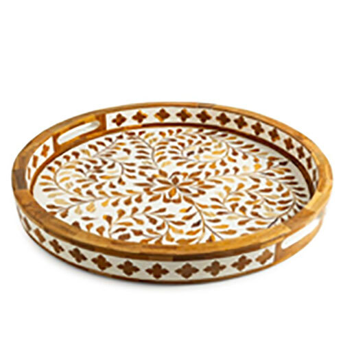 Wooden Inlaid Round Tray - Color: Brown