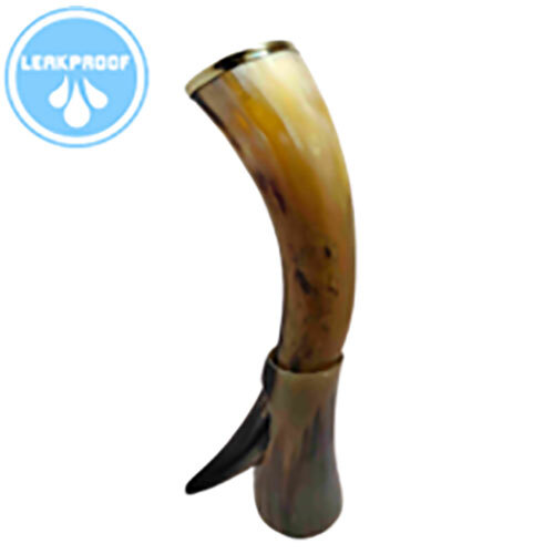 Brass Rimmed Drinking Horn with Stand