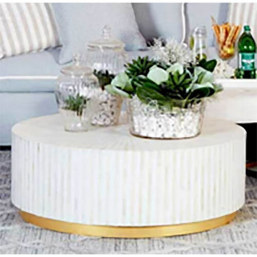 White Bone Inlay Round Coffee Table - Size: Standard