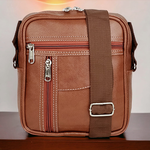 Cross Sider Tan Color Leather Multiple Pocket Side Sling Bag