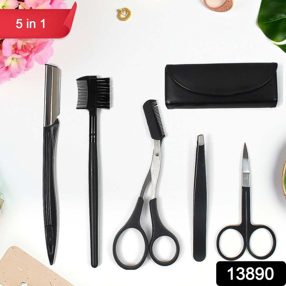 Eyebrow Kit, 5 In 1 Tweezers For Eyebrows - Black, 18cm X 7cm X 3cm | Includes Razor, Scissors, Brown Eyebrow Pencil, Leather Pouch