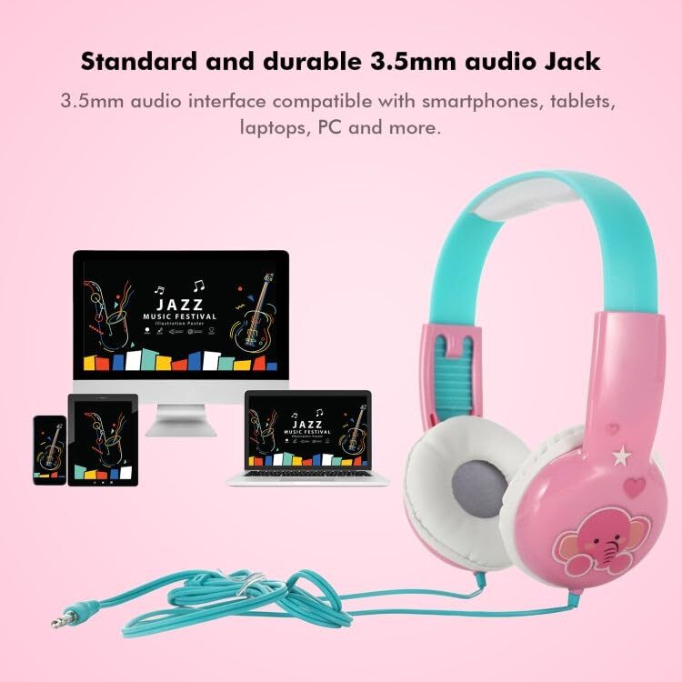 CherryBox Wired Headset Kids On Ear Headphones with 3.5mm Audio Jack & Volume Portable Cute Children Learning Headphone Compatible with Cellphones Computer MP3/4 Pad Tablet (Pink Elephant)