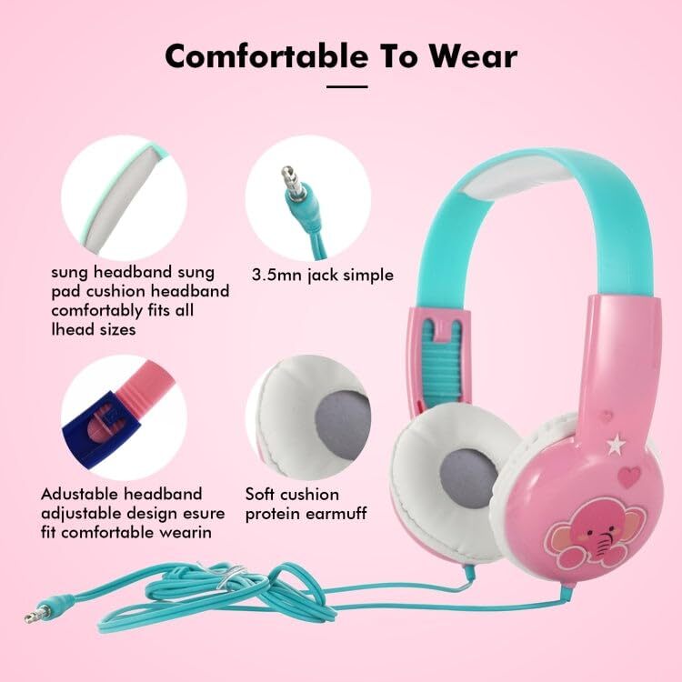 CherryBox Wired Headset Kids On Ear Headphones with 3.5mm Audio Jack & Volume Portable Cute Children Learning Headphone Compatible with Cellphones Computer MP3/4 Pad Tablet (Pink Elephant)