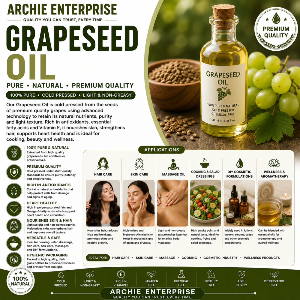 Grape Seed Oil - 100% Pure Cold-Pressed | Multi-Use for Skin Care, Hair Care, Cooking, and Wellness