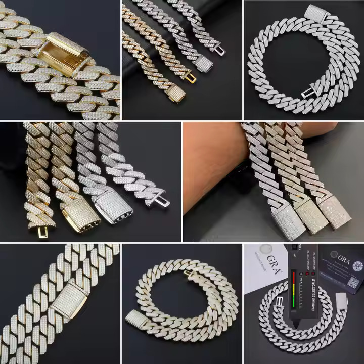 18k Gold Plated Hip Hop 925 Sterling Silver Vvs Moissanite Diamond Iced Out 3 Row Cuban Link Tennis Chain Bracelet Necklace Men And Woman - Color: D