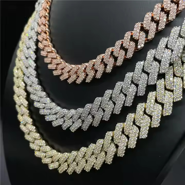 18k Gold Plated Hip Hop 925 Sterling Silver Vvs Moissanite Diamond Iced Out 3 Row Cuban Link Tennis Chain Bracelet Necklace Men And Woman - Color: D