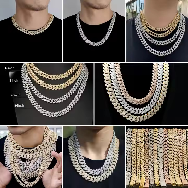 18K Gold Plated Hip Hop 925 sterling Silver VVS Moissanite Diamond Iced Out 3 Row Cuban Link Tennis Chain Bracelet Necklace Men and Woman