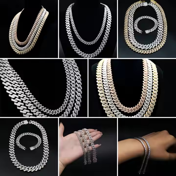 18K Gold Plated Hip Hop 925 sterling Silver VVS Moissanite Diamond Iced Out 3 Row Cuban Link Tennis Chain Bracelet Necklace Men and Woman