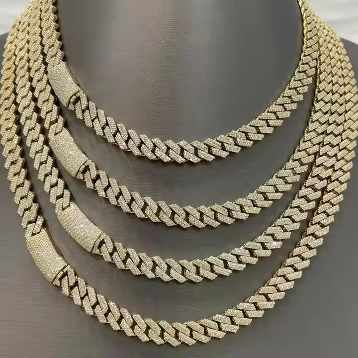 12mm Solid Gold  Plated Iced out Lab Grown Diamond Cuban Link Chain Hip Hop Miami Cuban Chains Necklace for Men and Women Gift