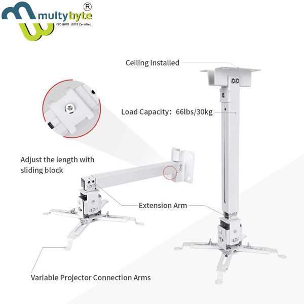 Multybyte Projector Ceiling Stand 2 Feet - Heavy-duty Steel, White Powder Coated | Adjustable Height, 360-degree Rotation, Universal Compatibility