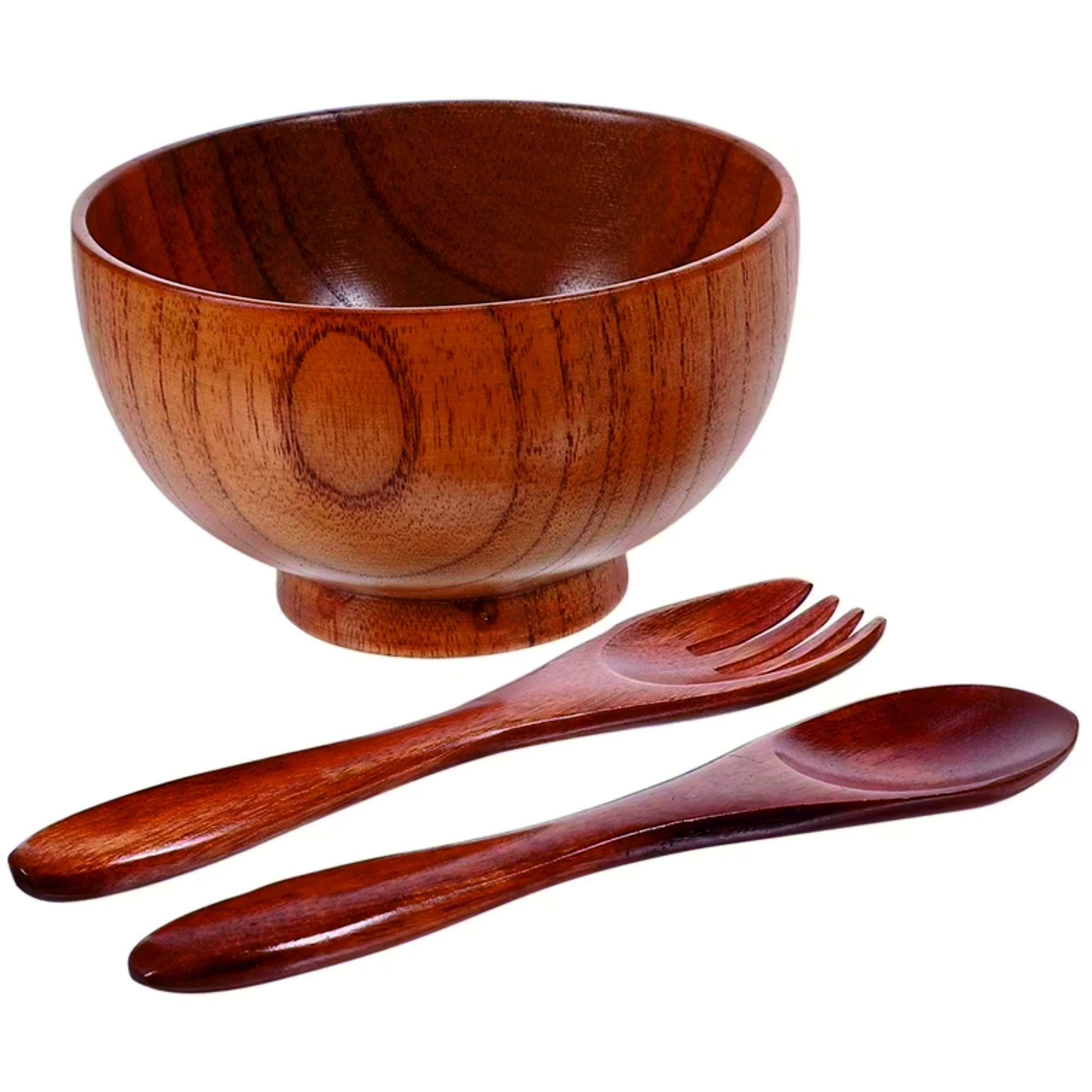 Wooden Bowl With Spoon And Folk - Color: Brown