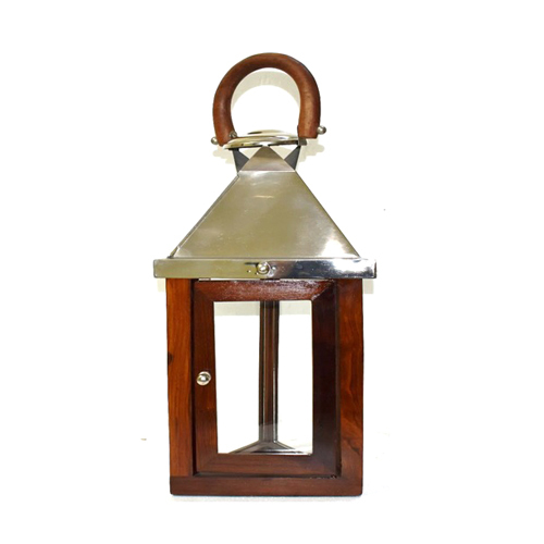 Shiny Nickel Metal Top Natural Finish Wooden Lantern