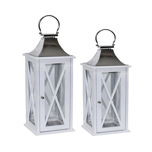 White Finish With Metal Top Wooden Lantern