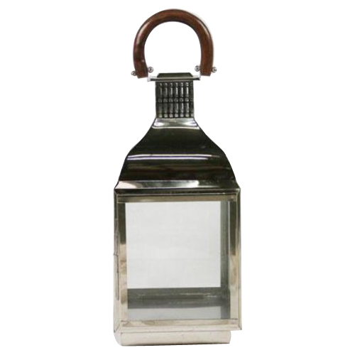 Shiny Nickel Steel Lantern With Wooden Handle