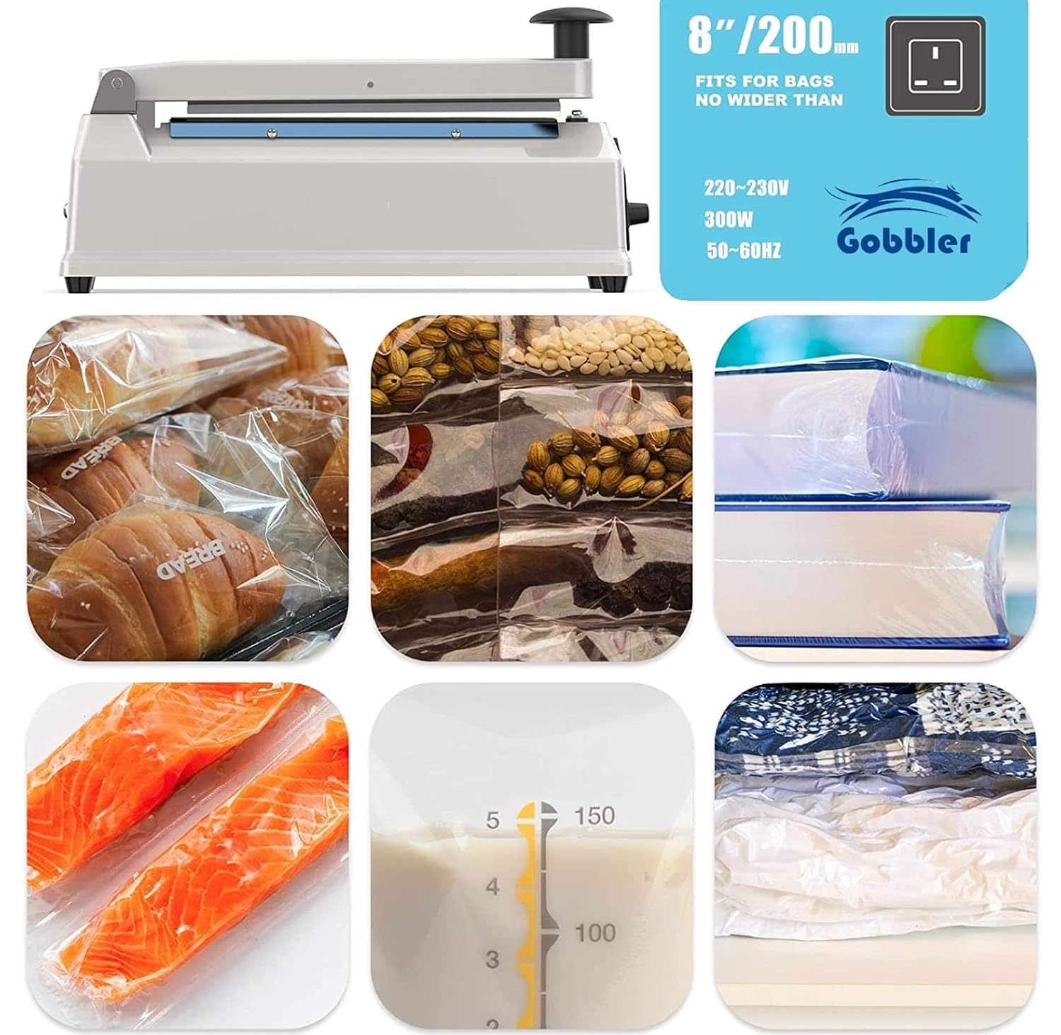 Gobbler Pfs-200 Pl - Silicone, Plastic, Polyvinyl Chloride, 200mm 8" Heavy Duty Electric Heat Sealing Machine, Corded Electric, 300 Watts