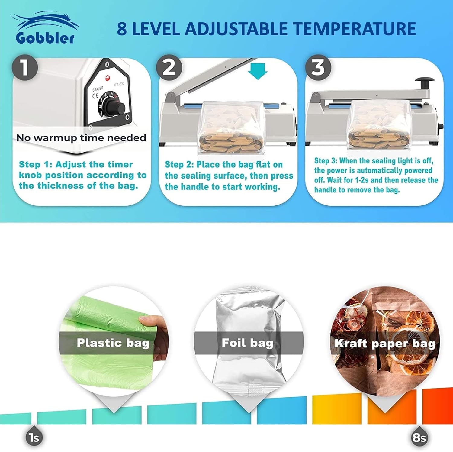 Gobbler Pfs-200 Pl - Silicone, Plastic, Polyvinyl Chloride, 200mm 8" Heavy Duty Electric Heat Sealing Machine, Corded Electric, 300 Watts