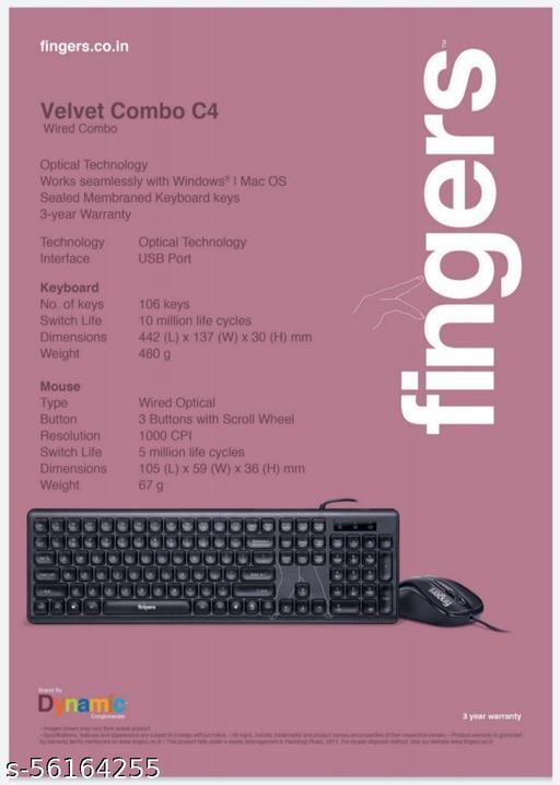 Fingers Velvet Keyboard And Mouse Combo C4 - Slim, Compact Design | Wireless/wired, 3-year Warranty, Multimedia Keys, 1000 Dpi Optical Mouse