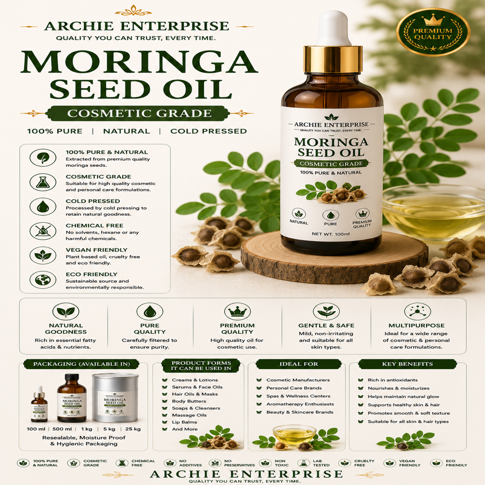 Moringa Seed Oil - 100% Natural, Pale Yellow To Golden Oil | Hydrating, Anti-aging, Nourishing For Skin & Hair, Eco-friendly Packaging