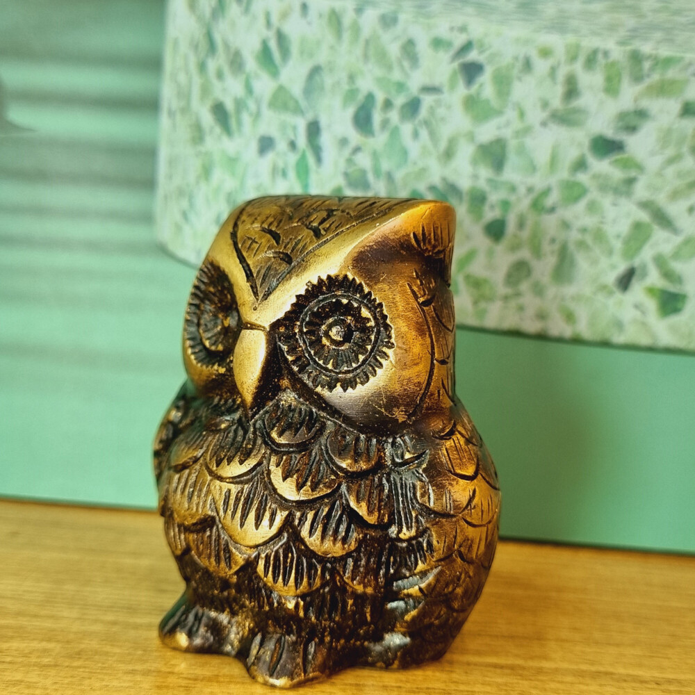 Aakrati Brown 3 Inch Antique Brass Owl Showpiece