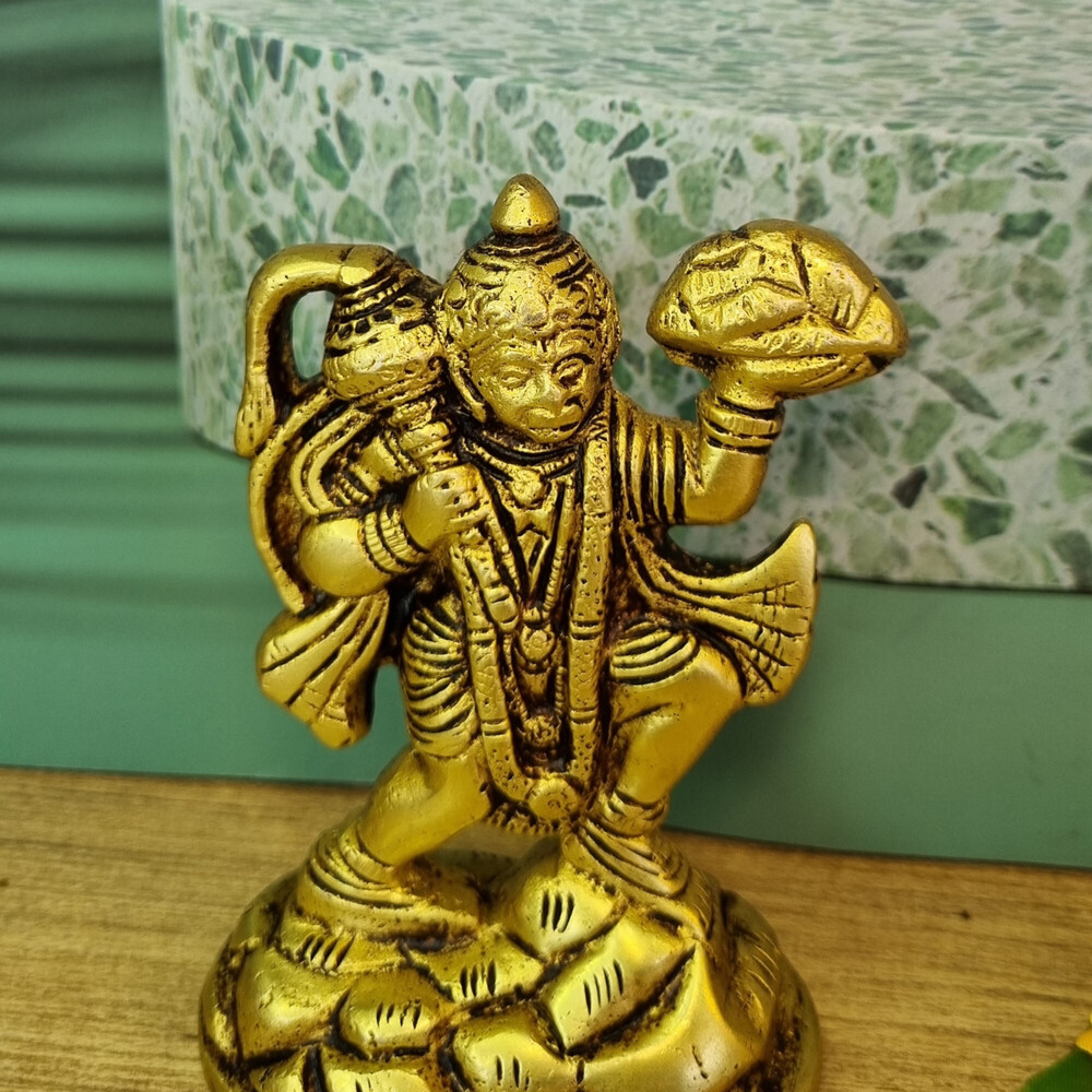 Aakrati Hanuman Ji Religious Statue Decorative Showpiece - 10 Cm (Brass, Yellow) - Color: Yellow