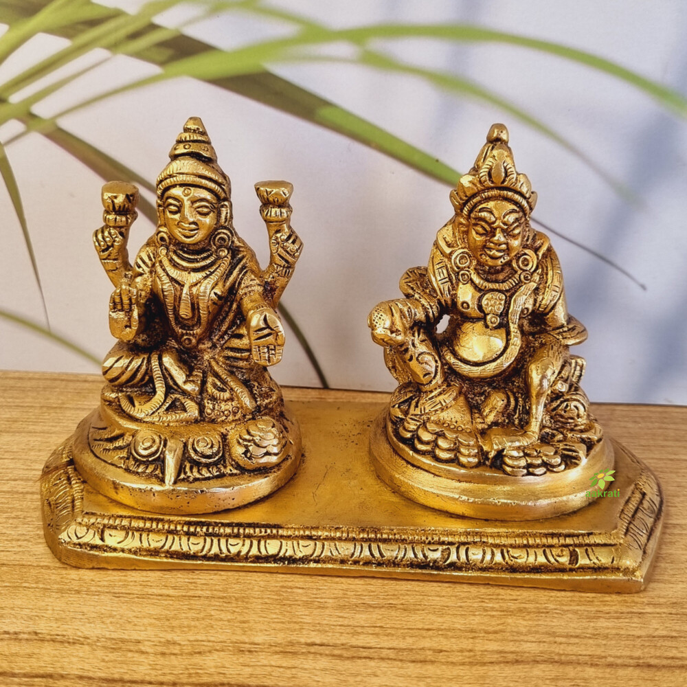 Aakrati Money Lord Kuber And Lakshmi Statue Decorative Showpiece - 10 Cm (Brass, Yellow) - Color: Yellow