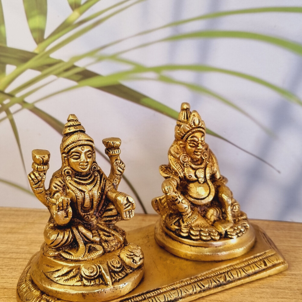 Aakrati Money Lord Kuber And Lakshmi Statue Decorative Showpiece - 10 Cm (Brass, Yellow) - Color: Yellow