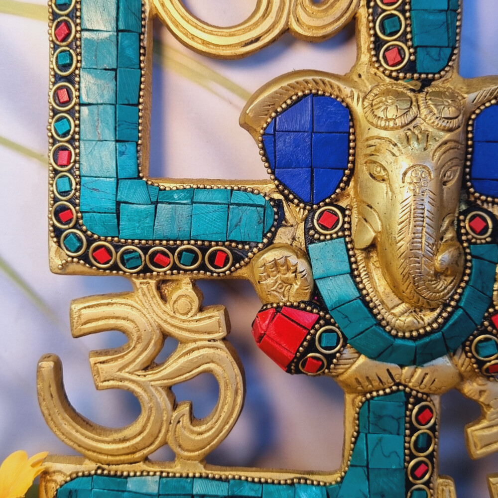 Aakrati Ganesha And Swastik Brass Wall Hanging Decorative Showpiece - 20 Cm (Brass, Multicolor) - Color: Multi-color