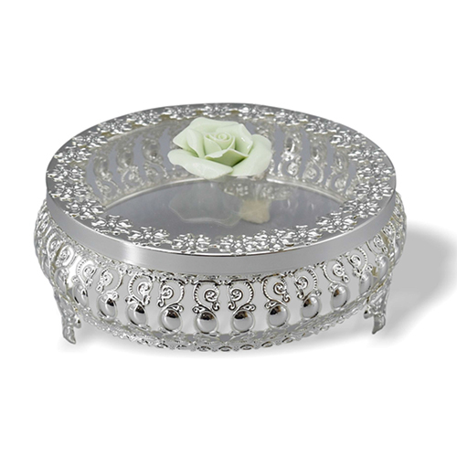 Silver Plated Dry Fruit Box With Partition And Green Rose - Material: Metal