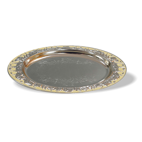 Sliver Plated Oval Tray With Beige Enamel - Color: Silver