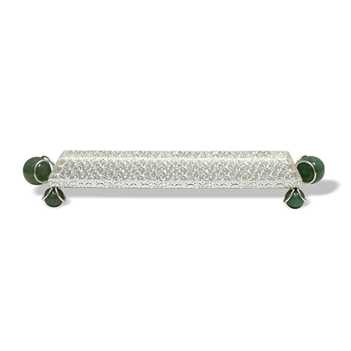 Silver Plated Rectangle Tray With Green Stone - Material: Metal