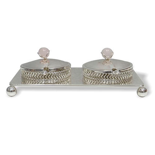 Silver Plated Tray and Two Small Box with Pink Stone