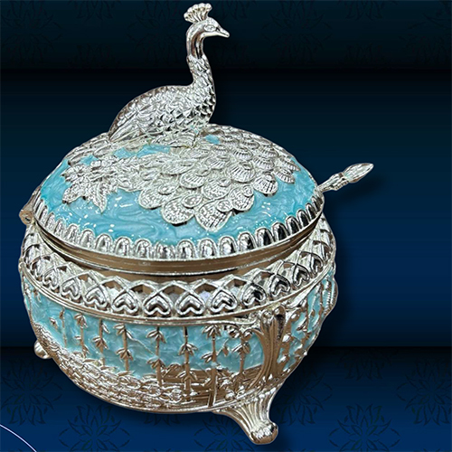 Silver Plated Blue Peacock Metal Candy Storage Box - Size: Standard