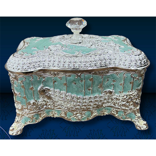 Silver Plated  Diamond Knob Peacock Jewellery Box - Material: Metal