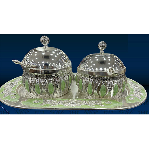 Silver Plated Enamel Bowl Set With Spoon And Tray - Material: Metal