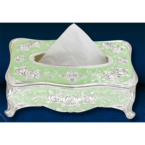 Silver Plated Green Enamel Tissue Box - Material: Metal