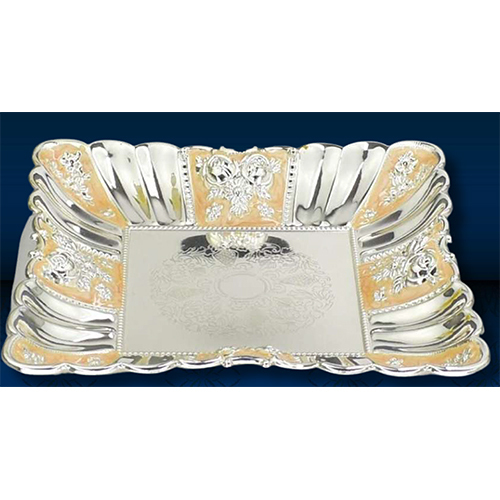 Silver Plated Peach Enamel Plate - Material: Metal