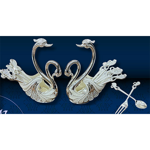 Silver Plated Swan Enamel Fork And Spoon Set - Material: Metal