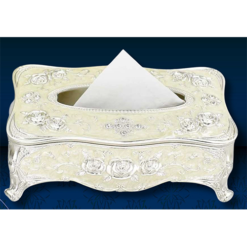 Silver Plated White Enamel Tissue Box - Material: Metal