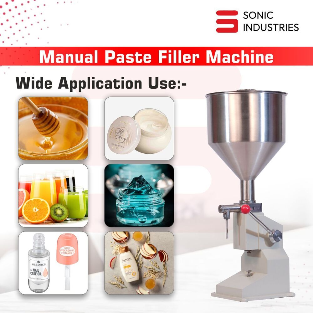 Sonic Industries A03 Manual Stainless Steel Bottle Filling Machine - 0-50ml Filling Range, 33x33x73 Cm Dimension, Versatile For Liquids & Pastes