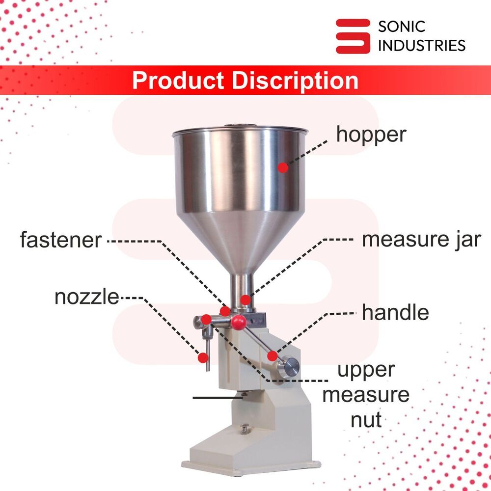 Sonic Industries A03 Manual Stainless Steel Bottle Filling Machine - 0-50ml Filling Range, 33x33x73 Cm Dimension, Versatile For Liquids & Pastes