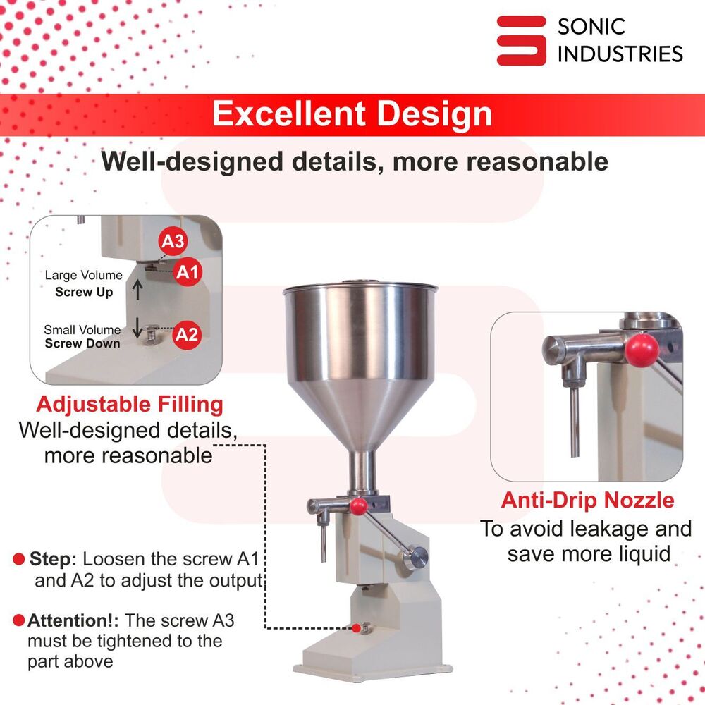 Sonic Industries A03 Manual Stainless Steel Bottle Filling Machine - 0-50ml Filling Range, 33x33x73 Cm Dimension, Versatile For Liquids & Pastes