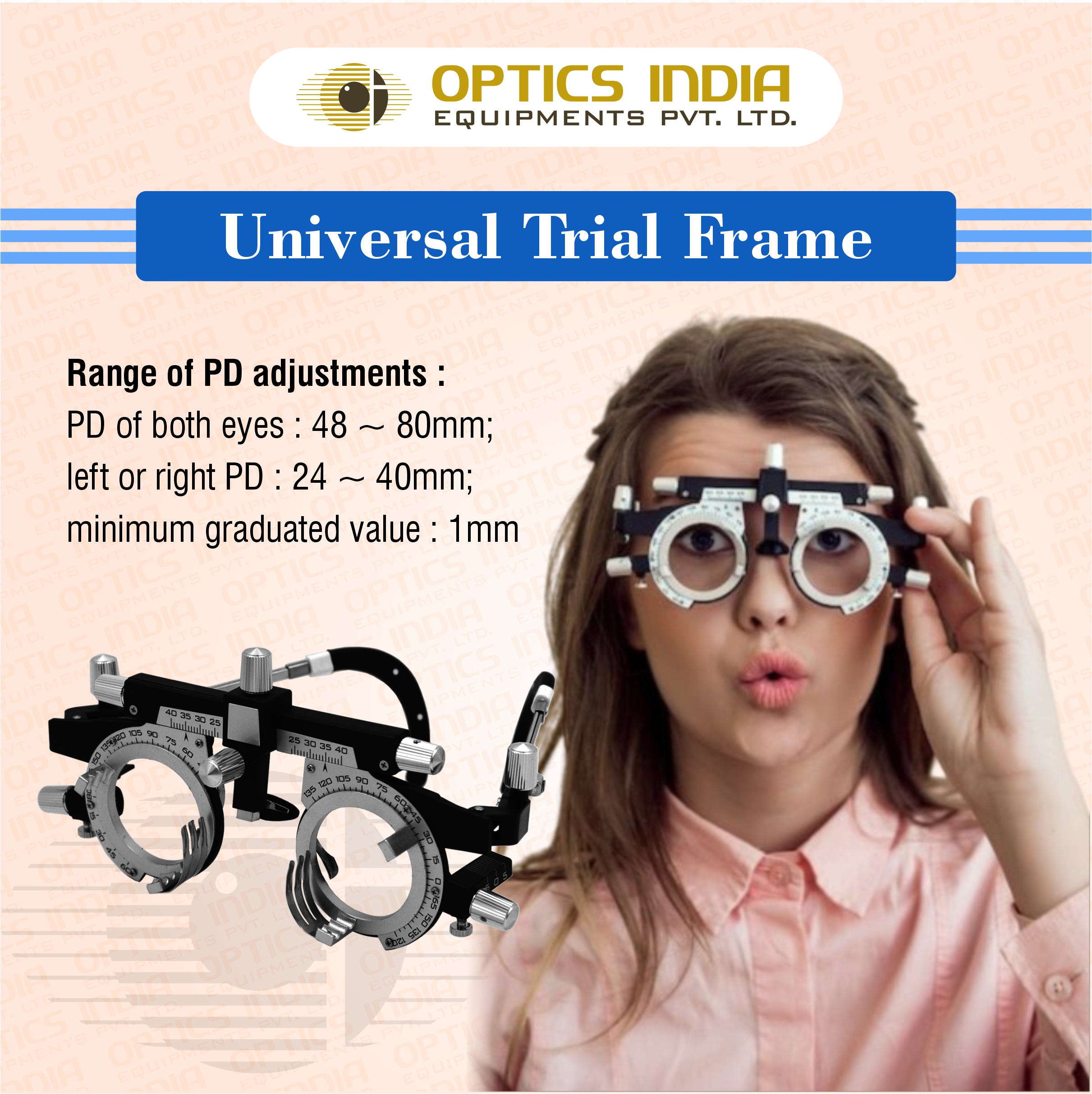 Universal Trial Frame - Stainless Steel, Adjustable 360 Degree Rotation | Black Finish, Precision Geometric Center 0.3mm
