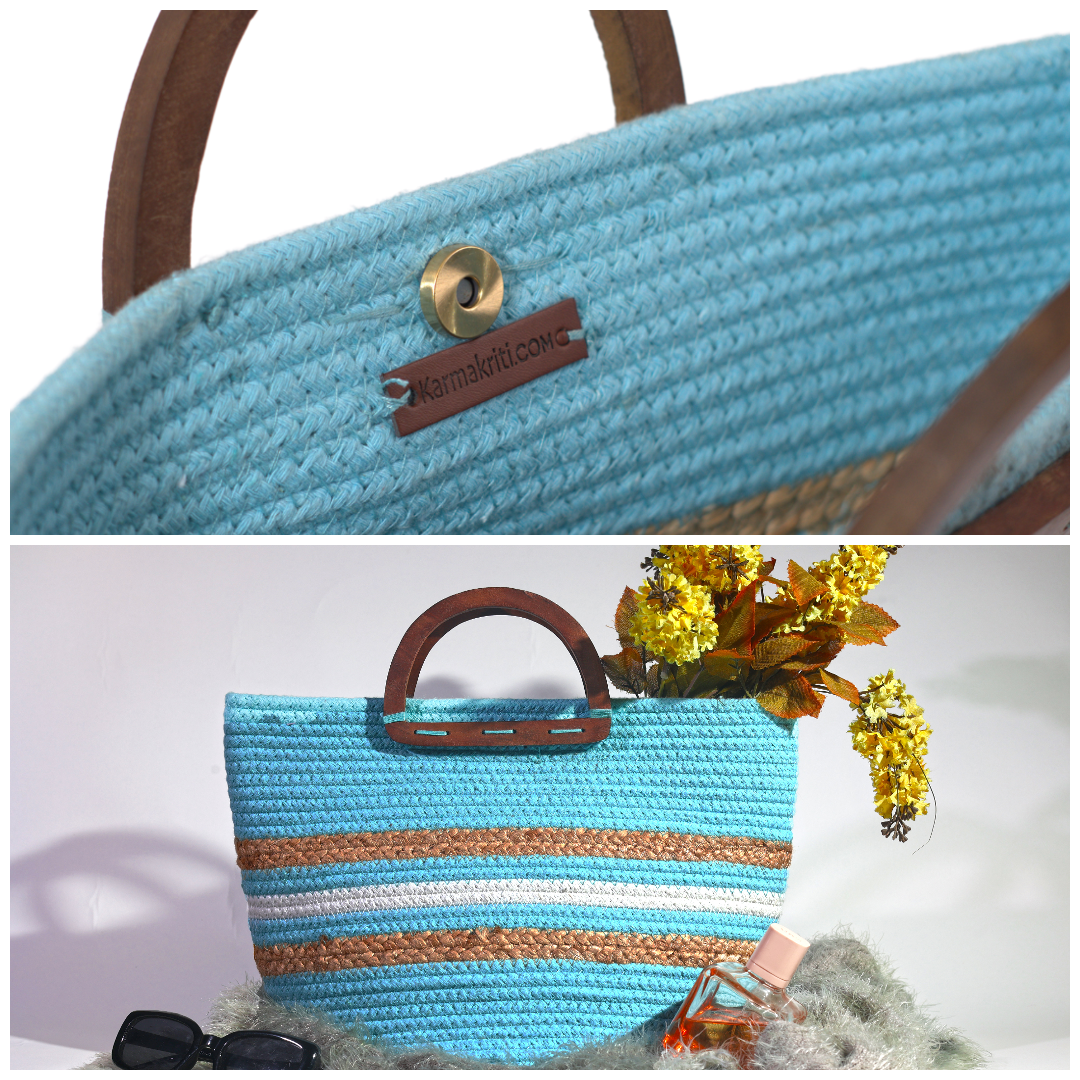 Designer Handbag With Wooden Handle & Lock - Color: Blue