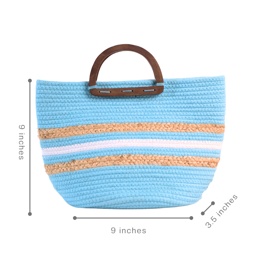 Designer Handbag - Cotton Rope, 10x4x10 Inches, Blue | Eco-friendly, Cotton Lining, Wooden Handle With Lock