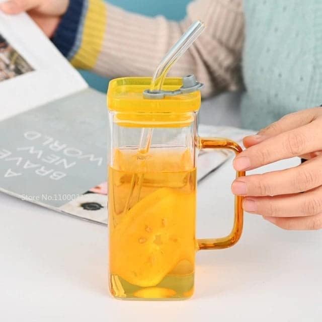 Square Glass Mugs with Colored Handle