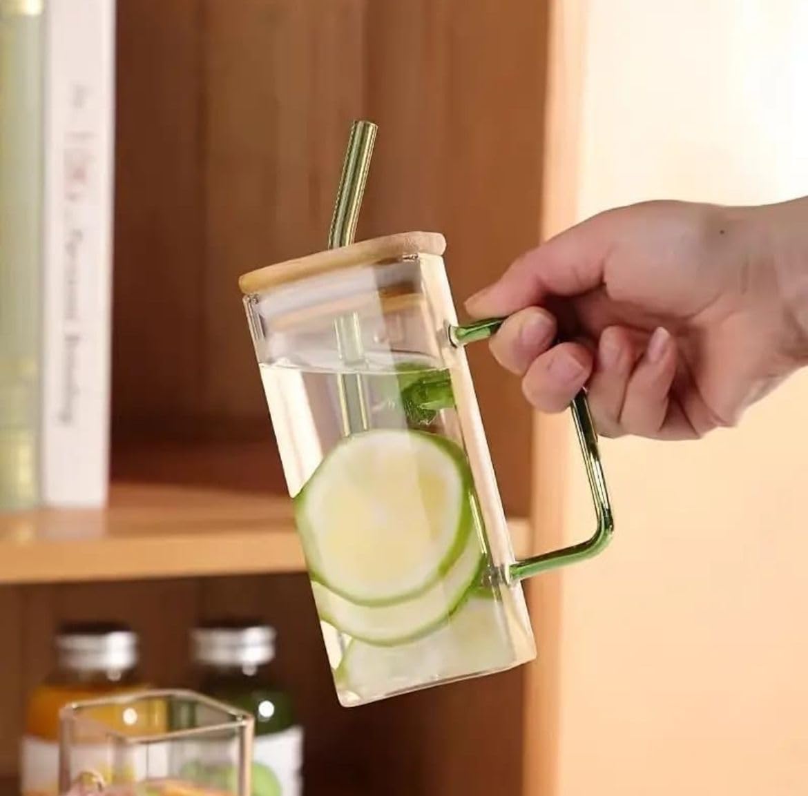 Reusable Glass Tumbler with Wooden Lids and Straws